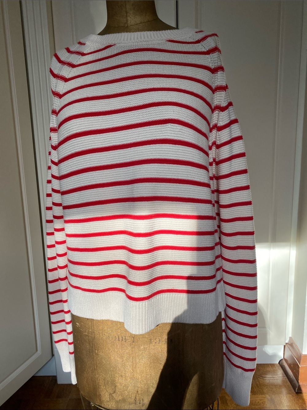 French Connection White and Red Striped Crewneck Sweater.